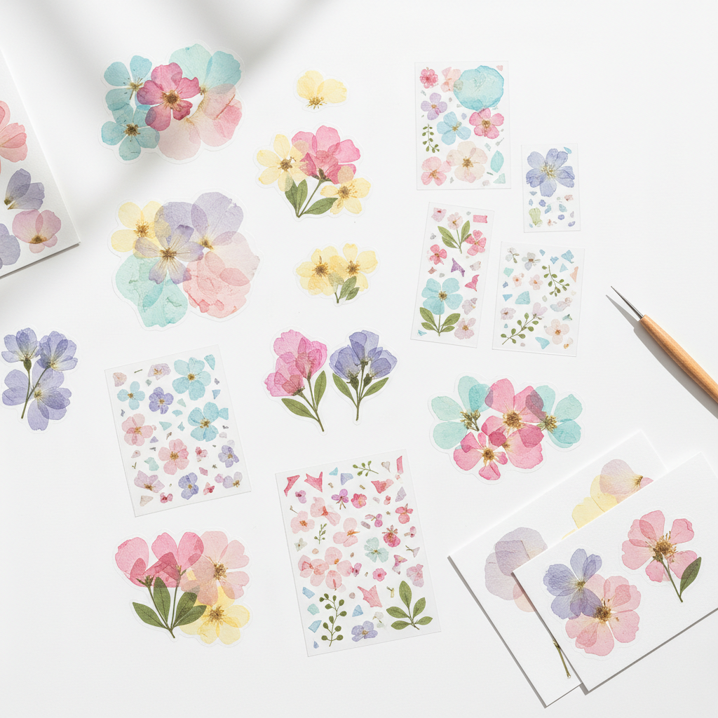 押し花フレークシール。パステルの押し花クラフト
