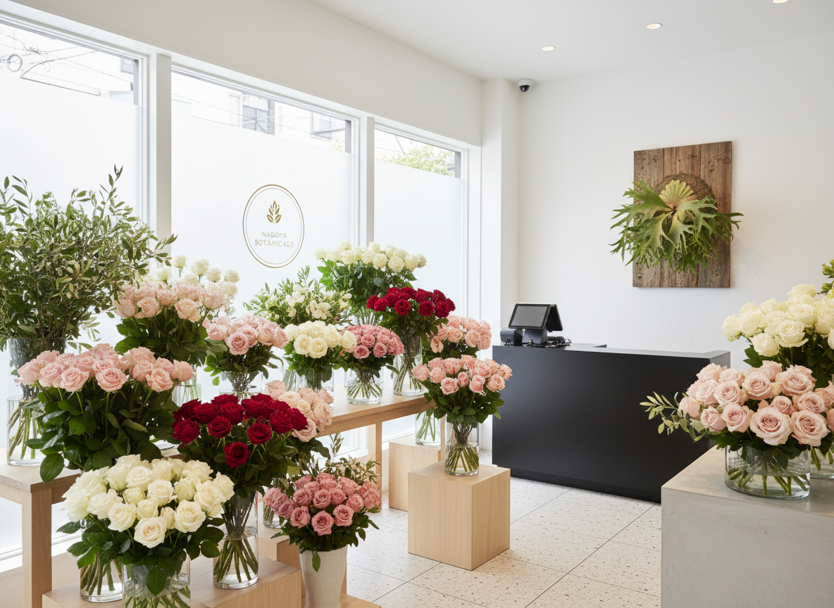 名古屋・栄の花屋 HANA MiYABi の店内。生花のブーケとビカクシダ