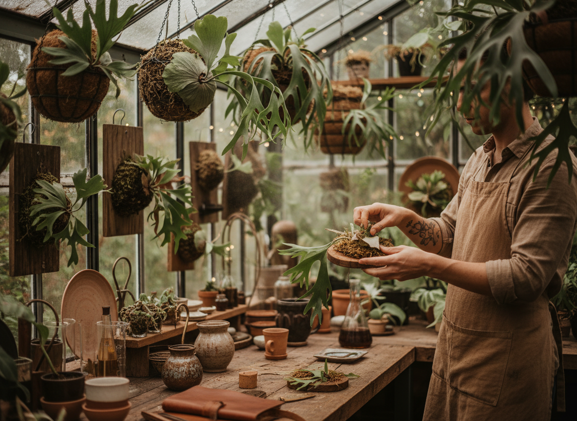 植物ラボでビカクシダを手入れする様子