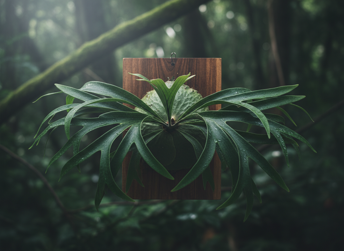 A stunning staghorn fern (Platycerium/Bikakushida) mounted on a beautiful wooden board, lush green dramatic fronds spreading wide, moody atmospheric lighting, close-up botanical photography, dark forest green background, artistic Japanese plant aesthetic
