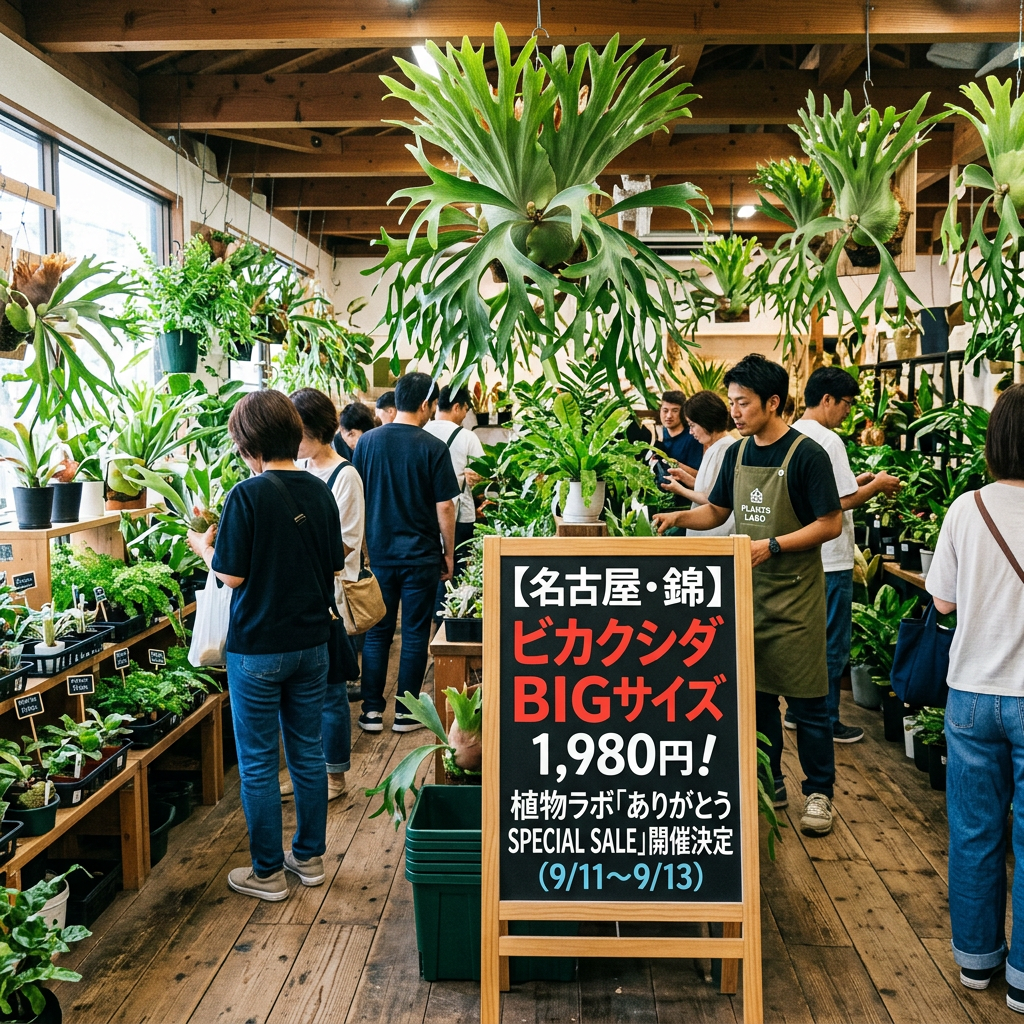 Plant shop with shoppers and sign reading 【名古屋・錦】ビカクシダ BIGサイズ 1,980円! 植物ラボありがとう SPECIAL SALE開催決定 (9/11〜9/13)