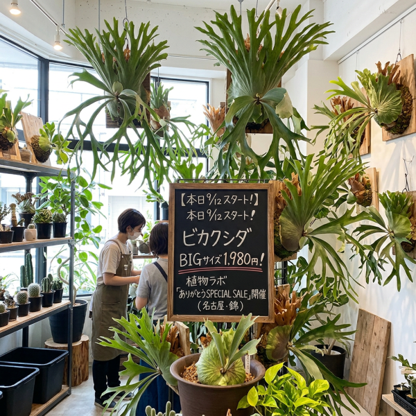 Plant shop with staghorn ferns and sign reading 「本日9/12スタート!」ビカクシダ BIGサイズ1,980円! 植物ラボ「ありがとうSPECIAL SALE」開催（名古屋・錦）