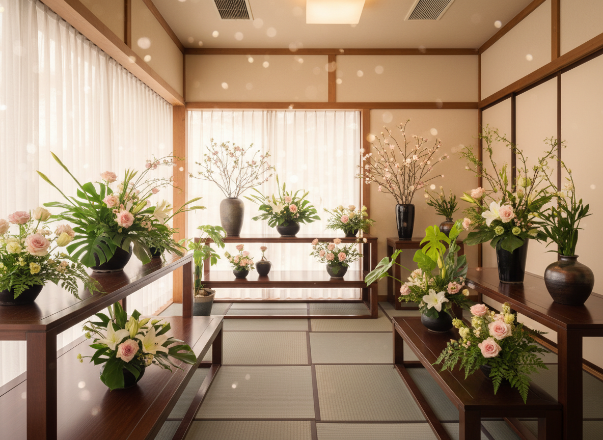 HANA MiYABi本店の店内に美しく飾られた季節の花々